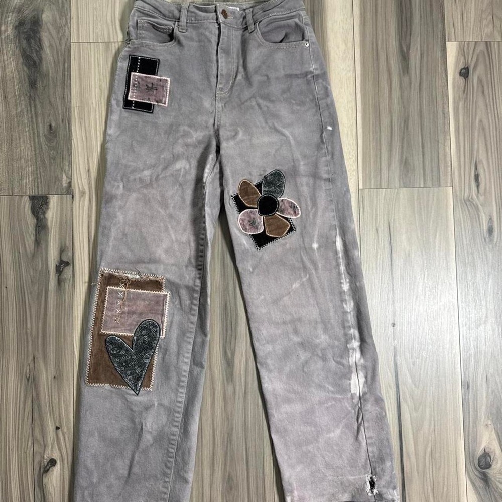 SO Goods For Life Grey Patchwork Wide Leg Jeans High Rise Floral Heart 5/27W